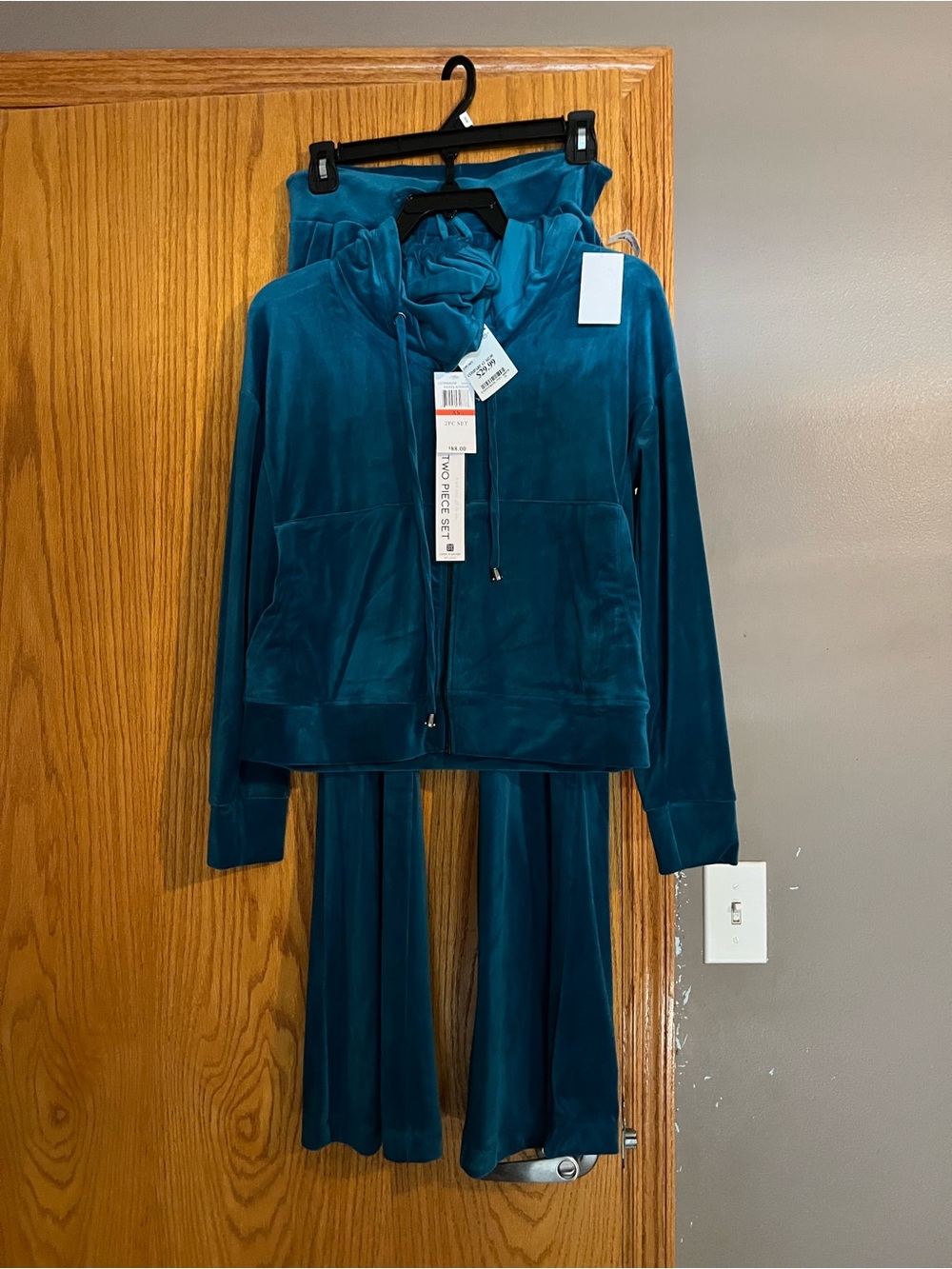 Velour Zip-Front Hoodie and Wide-Leg Pants Set - Teal